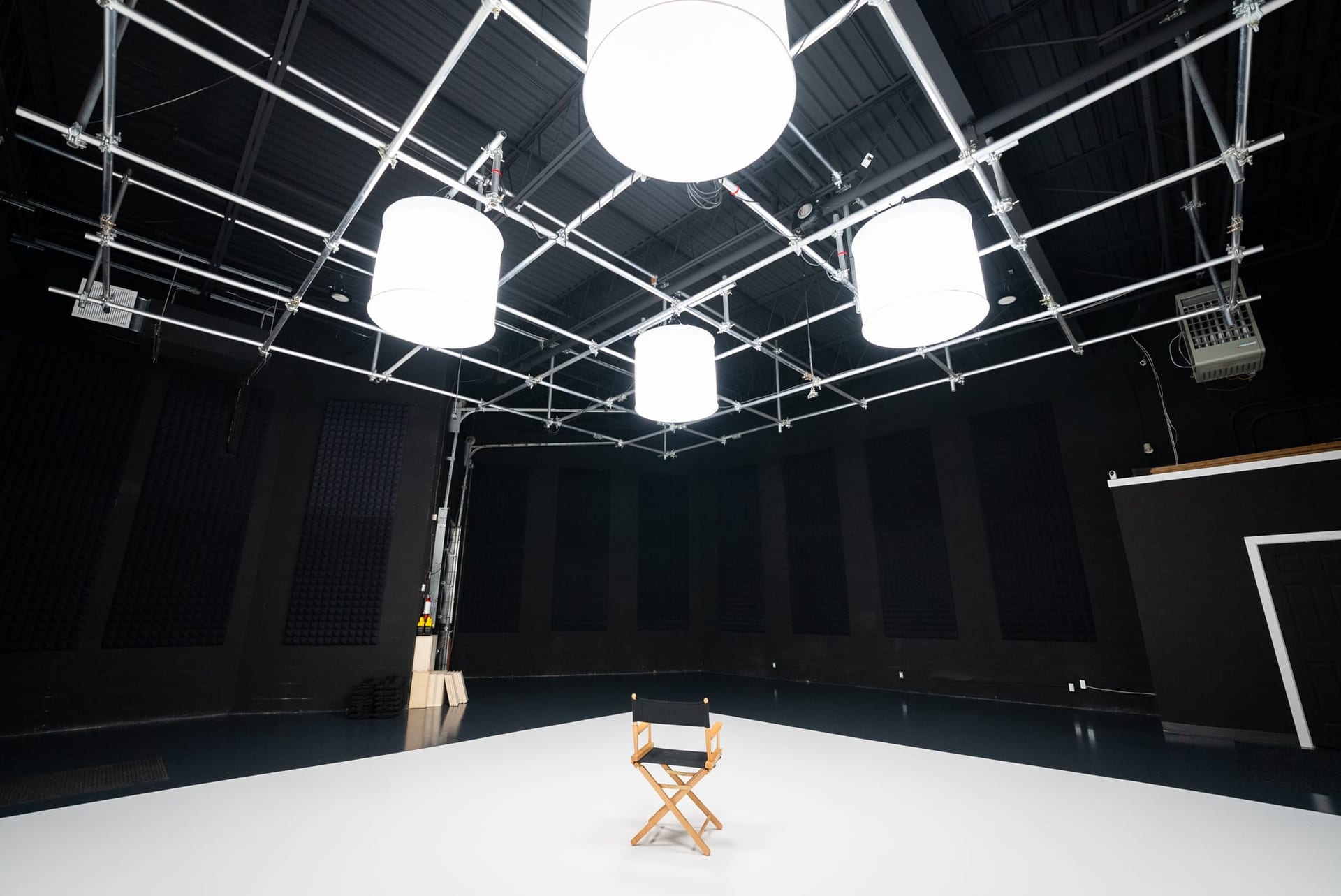 Lighting rigged overhead on the soundstage grid at Viva Studios